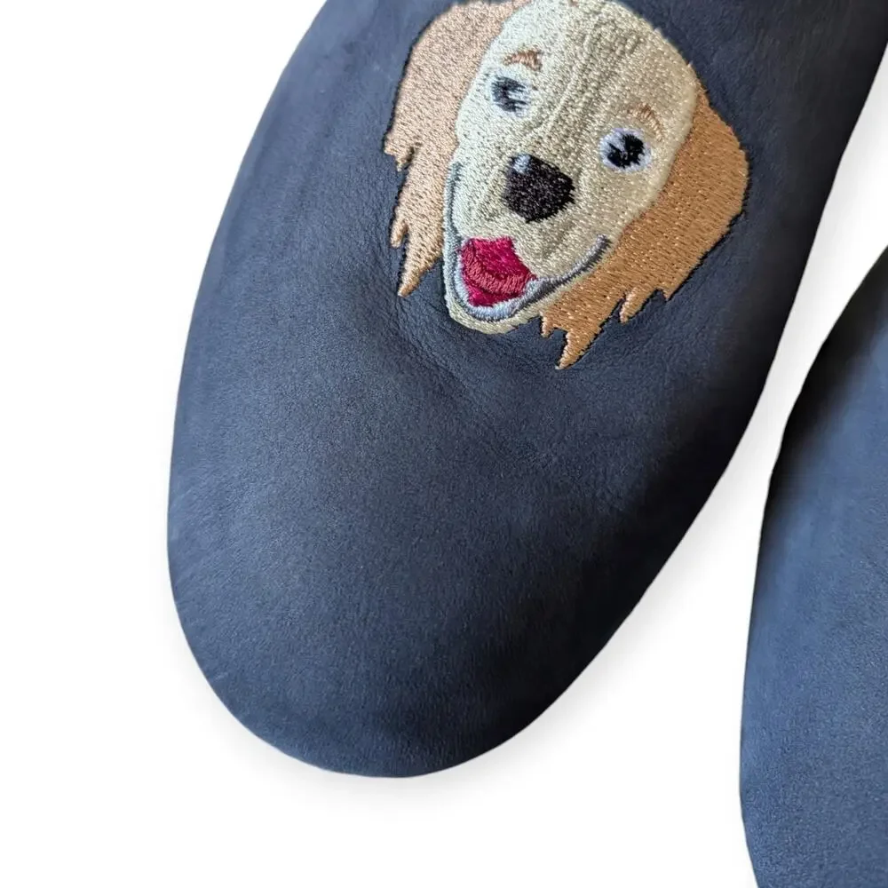 Del Toro x Saks Fifth Avenue Dog Embroidered Navy Blue House Slippers Mens 10.5
